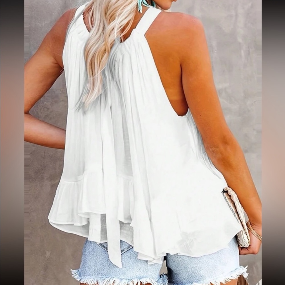 Boho White Ruffle Halter Top Blouse Shirt - Picture 2 of 5